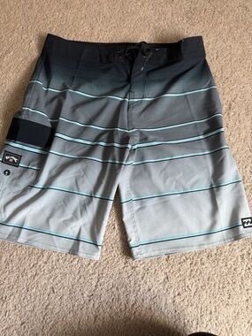 Billabong Men’s Gray, Black & Teal Striped Board Shorts